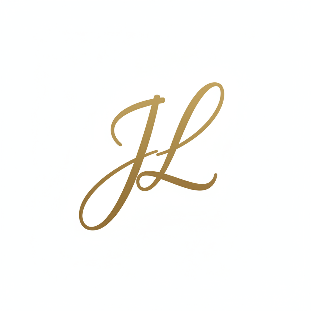 A handwritten cursive monogram of the letters "JL" in golden brown color (#8B6340). The J must be a clearly uppercase, bold, sweeping cursive capital letter with a large elegant descender. The L should be a flowing uppercase cursive letter that connects naturally to the J. Both letters are unmistakably uppercase. The style is sophisticated, refined, like a luxury author's signature. Clean white or transparent background. No dots, no serifs that look like lowercase. The J should have a strong, confident top stroke.