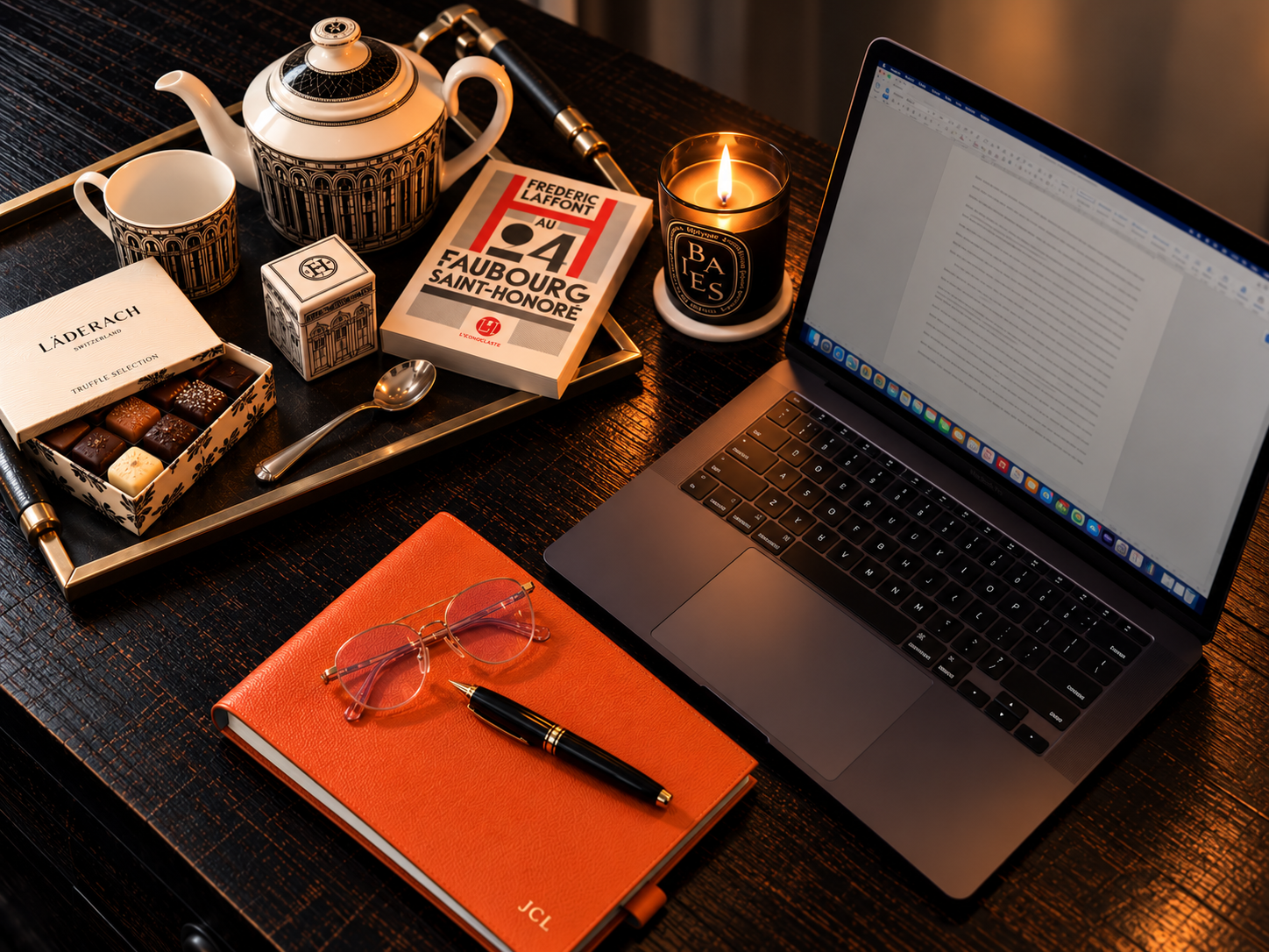 A refined writer's desk with tea, a candle, chocolates, a laptop, an orange notebook, glasses, and a pen.